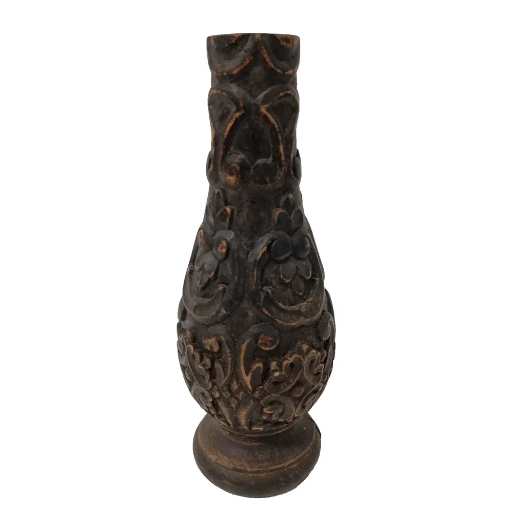 Vintage Hand Carved Turned Wood Vase 3D Raised Floral Design Rustic Primitive